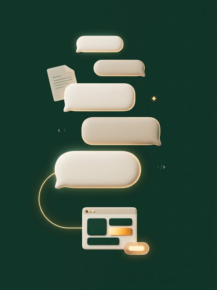 An AI chat thread whose answer cites a business website card, connected by a glowing link, on a deep forest backdrop.