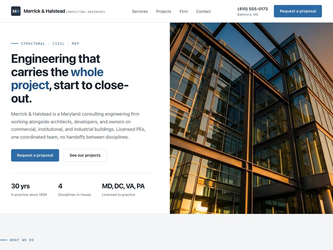 A modern engineering firm website with its disciplines, past projects, and a request-a-proposal button up front.