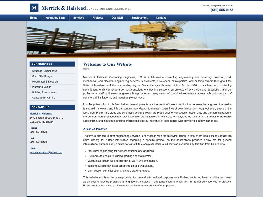 A dated engineering firm website with a cramped fixed-width layout and a distorted banner image.