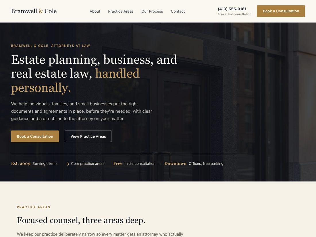 A modern law firm website with a clear headline, a book-a-consultation button, and space for the practice.