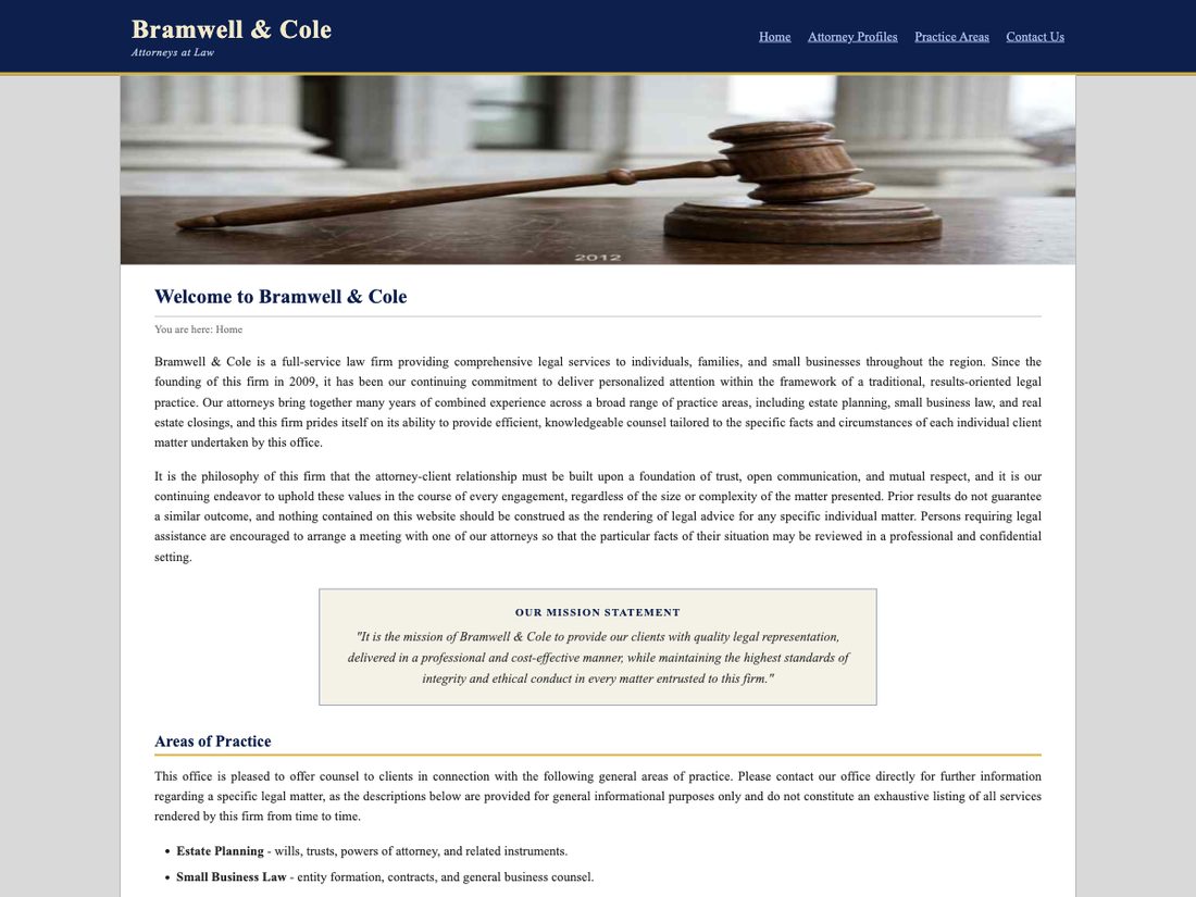 A dated law firm website with a stretched banner photo and dense walls of justified text.