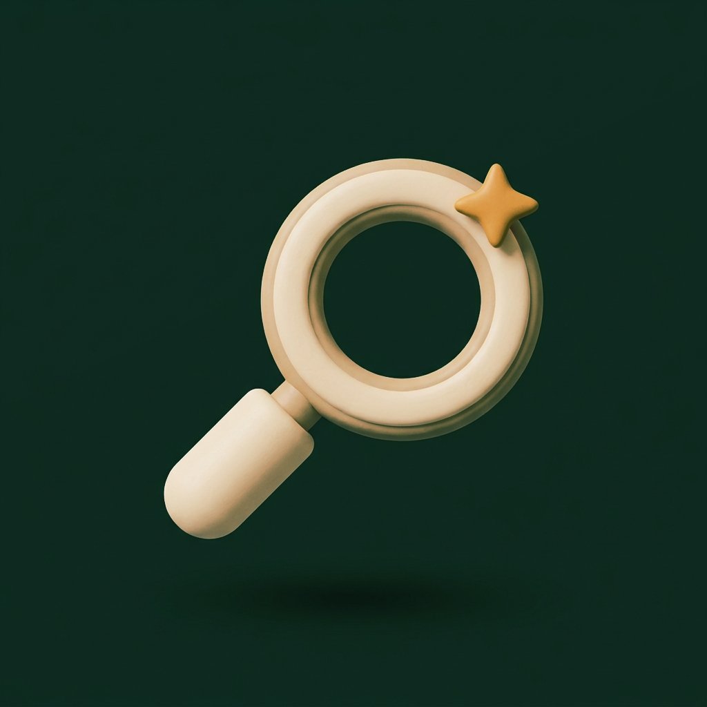 A small 3D magnifying glass with a sparkle, for AI search.